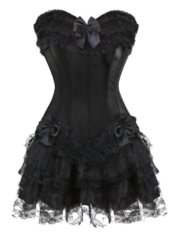 LuckeLadybug LLC plus size gothic corset dress with lace details and satin bows