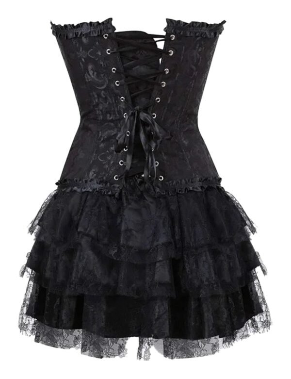 Plus size gothic corset dress by LuckeLadybug LLC with lace details and layered ruffles