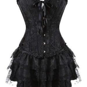 Black plus size gothic corset dress with lace ruffles and sweetheart neckline for a dramatic look