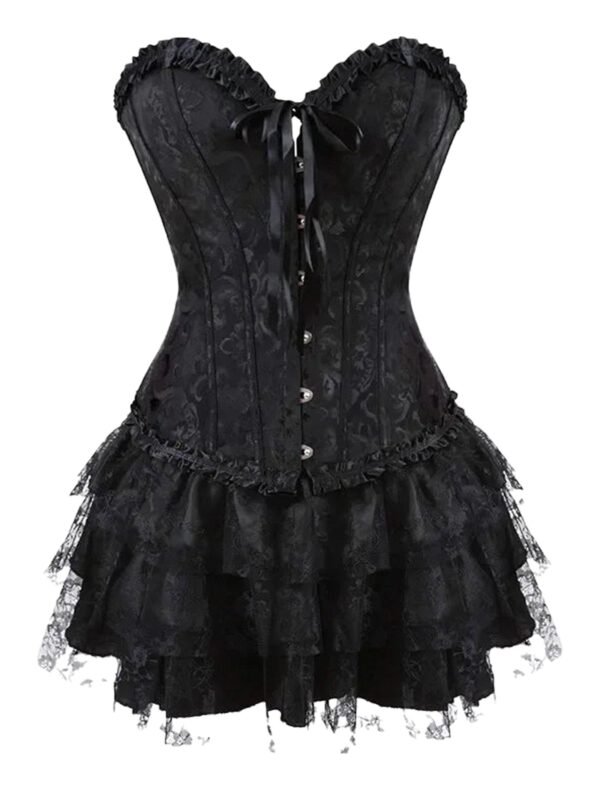 Black plus size gothic corset dress with lace ruffles and sweetheart neckline for a dramatic look