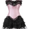 Plus size gothic corset dress in pink and black lace with ruffles and bows for stylish occasions