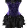 Plus size gothic corset dress in purple and black with lace ruffles and decorative bows