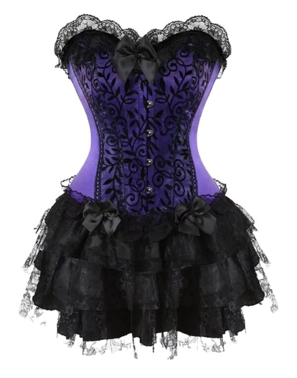 Plus size gothic corset dress in purple and black with lace ruffles and decorative bows