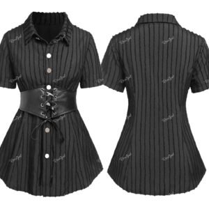 Plus size gothic corset shirt with short sleeves, button front, and lace-up waist detail in black stripes