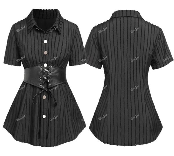 Plus size gothic corset shirt with short sleeves, button front, and lace-up waist detail in black stripes