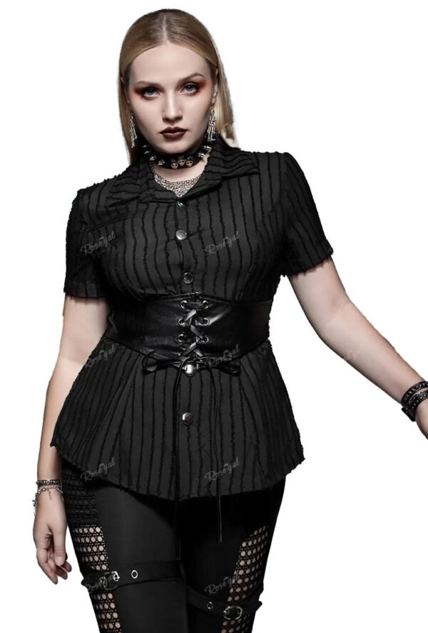 LuckeLadybug LLC Plus Size Gothic Corset Shirt with Striped Design and Lace-Up Detail