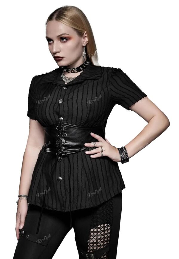 Plus size gothic corset shirt from LuckeLadybug LLC with lace-up design and stylish pinstripe pattern