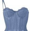 Plus size gothic corset top in blue with lace details and adjustable straps from LuckeLadybug LLC