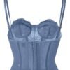 Plus size gothic corset top in blue with adjustable straps and lace details