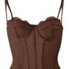 Plus size gothic corset top in brown with lace detailing and adjustable straps for a stylish look