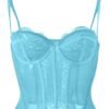 Plus size gothic corset top in bright blue with lace detailing and adjustable straps