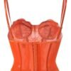 Plus size gothic corset top in vibrant orange with lace detailing and adjustable straps
