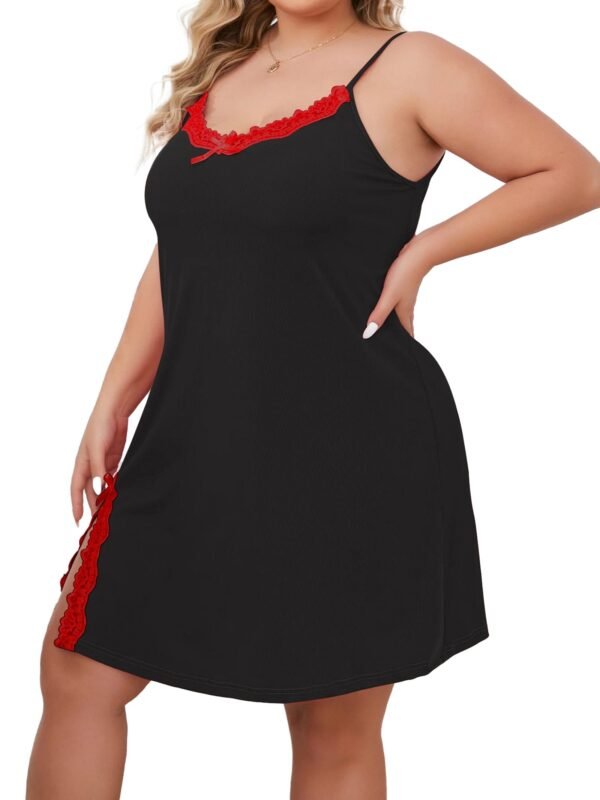 Plus Size Ice Silk Nightgown For Comfort 3 Plus Size Ice Silk Nightgown For Comfort Plus size ice silk nightgown in black with red lace trim for comfortable nighttime wear