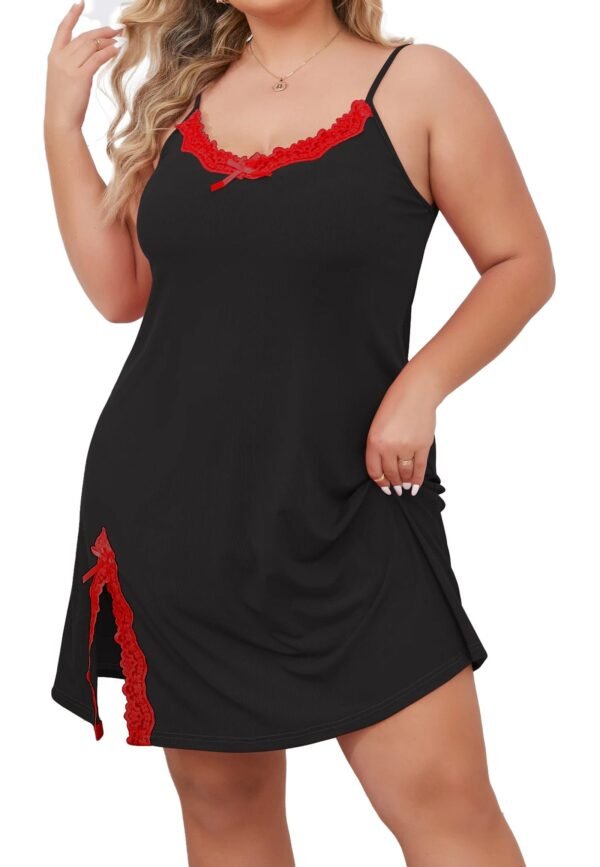 Plus Size Ice Silk Nightgown For Comfort 1 Plus Size Ice Silk Nightgown For Comfort Plus size ice silk nightgown with lace accents in black and red by LuckeLadybug LLC