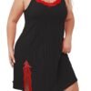 Plus size ice silk nightgown in black with red lace accents and adjustable straps for comfort