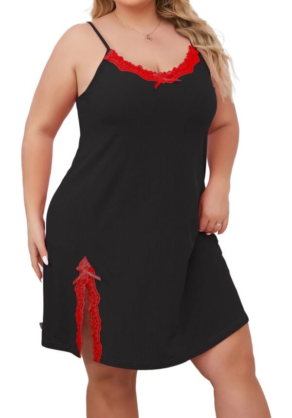 Plus Size Ice Silk Nightgown For Comfort 4 Plus Size Ice Silk Nightgown For Comfort Plus size ice silk nightgown in black with red lace accents and adjustable straps for comfort