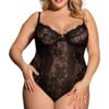 Plus size lace bodysuit by LuckeLadybug LLC featuring floral lace and adjustable straps for a flattering fit