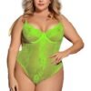 Neon green plus size lace bodysuit with delicate floral patterns for bold intimate wear