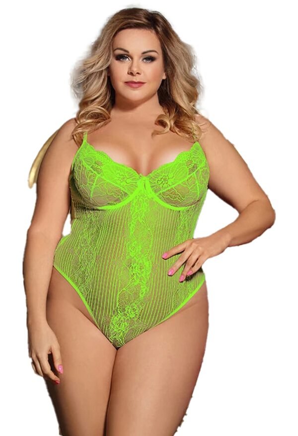 Plus Size Lace Bodysuit In Neon Green 28 Plus Size Lace Bodysuit In Neon Green Neon green plus size lace bodysuit with delicate floral patterns for bold intimate wear