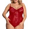 Plus size lace bodysuit in red with adjustable straps and floral lace detailing from LuckeLadybug LLC