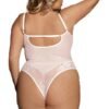 Plus size lace bodysuit in white with a sexy back design and adjustable straps