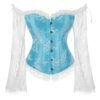Plus size lace up corset top in blue with floral lace sleeves and off-shoulder design for a stylish look
