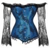 Blue plus size lace up corset top with lace sleeves and ruffle details for a stylish look