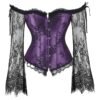 Plus size lace up corset top in purple with lace sleeves and a flattering silhouette