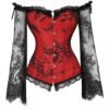LuckeLadybug LLC Plus Size Lace Up Corset Top in Red with Black Lace Sleeves