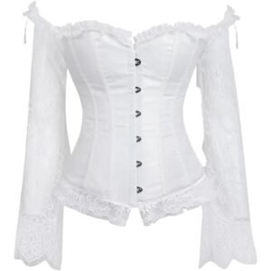 LuckeLadybug LLC Plus size lace up corset top in white with off-shoulder long sleeves and front buttons