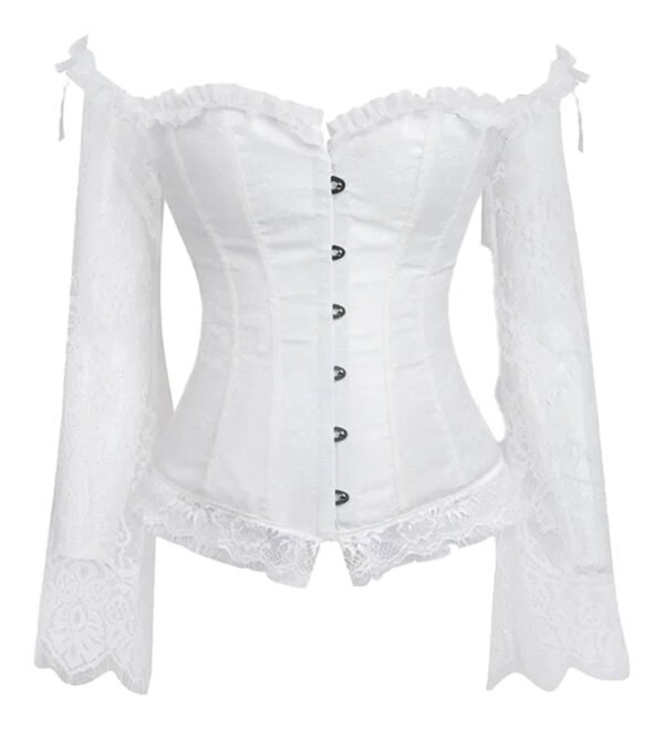 Plus Size Lace Up Corset Top In White 23 Plus Size Lace Up Corset Top In White LuckeLadybug LLC Plus size lace up corset top in white with off-shoulder long sleeves and front buttons