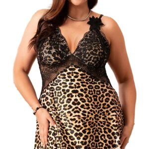 Plus size leopard lace nightgown with adjustable straps and a flirty skirt for comfortable elegance