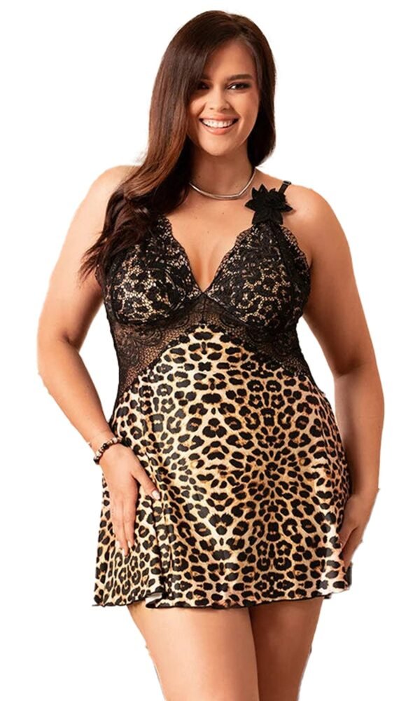 Plus Size Leopard Lace Nightgown 15 Plus Size Leopard Lace Nightgown Plus size leopard lace nightgown with adjustable straps and a flirty skirt for comfortable elegance