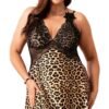 Plus size leopard lace nightgown with black lace and leopard print, designed for comfort and style