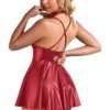 Plus size PU leather nightgown in red with adjustable straps and flared skirt design