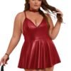 Plus size PU leather nightgown in red with a flared skirt and adjustable straps from LuckeLadybug LLC