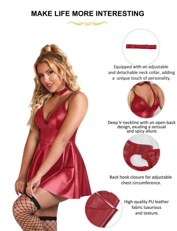 Plus size PU leather nightgown with a deep V-neckline and adjustable collar for a seductive look