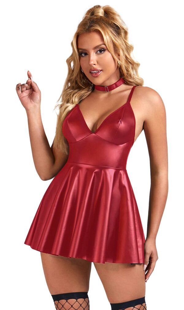 Seductive red plus size PU leather nightgown with a flared skirt and adjustable straps