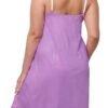 Back view of a plus size purple nightgown for women with delicate straps and a scalloped hem