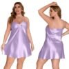 Plus size satin chemise nightgown in lavender with adjustable straps and bow detail from LuckeLadybug LLC