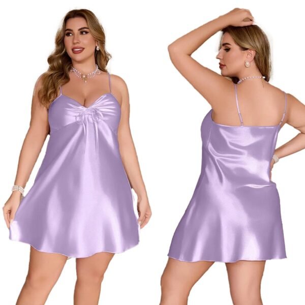 Plus size satin chemise nightgown in lavender with adjustable straps and bow detail from LuckeLadybug LLC