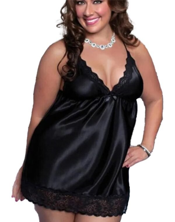 Plus Size Satin Lingerie Nightgown 7 Plus Size Satin Lingerie Nightgown Plus size satin lingerie nightgown in black with lace trim and adjustable straps for a flattering fit