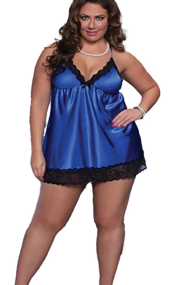 Plus Size Satin Lingerie Nightgown 1 Plus Size Satin Lingerie Nightgown Plus size satin lingerie nightgown in blue with lace trim and adjustable straps by LuckeLadybug LLC