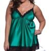 Plus size satin lingerie nightgown in green with black lace trim for elegant sleepwear