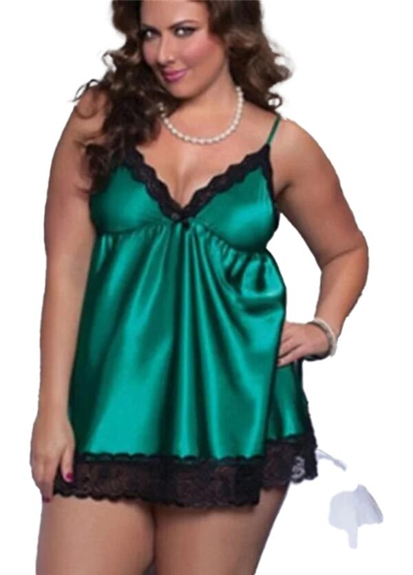 Plus Size Satin Lingerie Nightgown 3 Plus Size Satin Lingerie Nightgown Plus size satin lingerie nightgown in green with black lace trim for elegant sleepwear