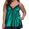Plus size satin lingerie nightgown in green with lace trim for a luxurious evening look