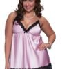 Plus size satin lingerie nightgown in pink with black lace trim and adjustable straps