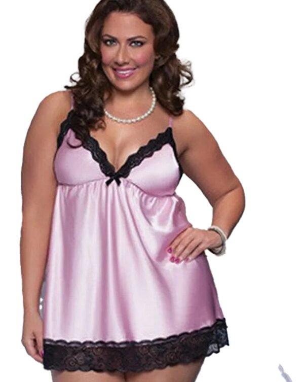 Plus Size Satin Lingerie Nightgown 8 Plus Size Satin Lingerie Nightgown Plus size satin lingerie nightgown in pink with black lace trim and adjustable straps