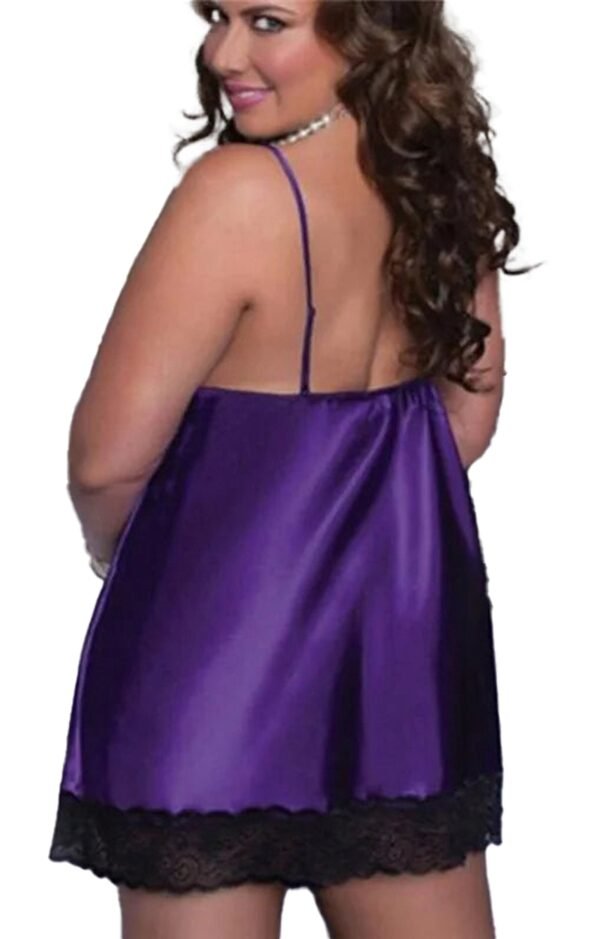 Plus Size Satin Lingerie Nightgown 5 Plus Size Satin Lingerie Nightgown Plus size satin lingerie nightgown in purple with lace trim, ideal for elegant nights