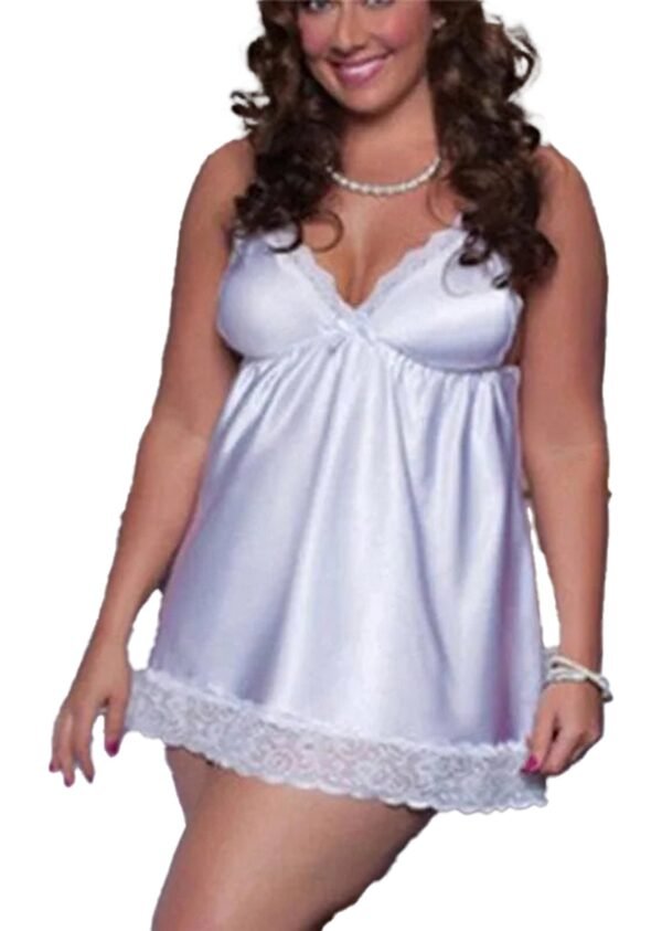 Plus Size Satin Lingerie Nightgown 6 Plus Size Satin Lingerie Nightgown Plus size satin lingerie nightgown in soft white with lace trim and a flattering design